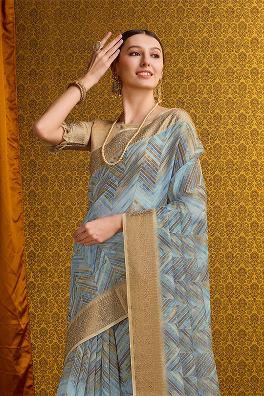Blue Cotton Saree With Blouse Piece