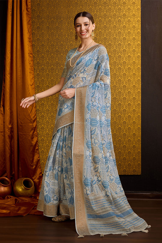 Blue & Grey Cotton Saree With Blouse Piece