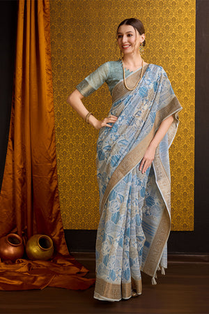 Blue & Grey Cotton Saree With Blouse Piece