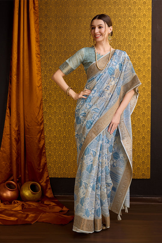 Blue & Grey Cotton Saree With Blouse Piece