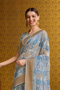 Blue & Grey Cotton Saree With Blouse Piece