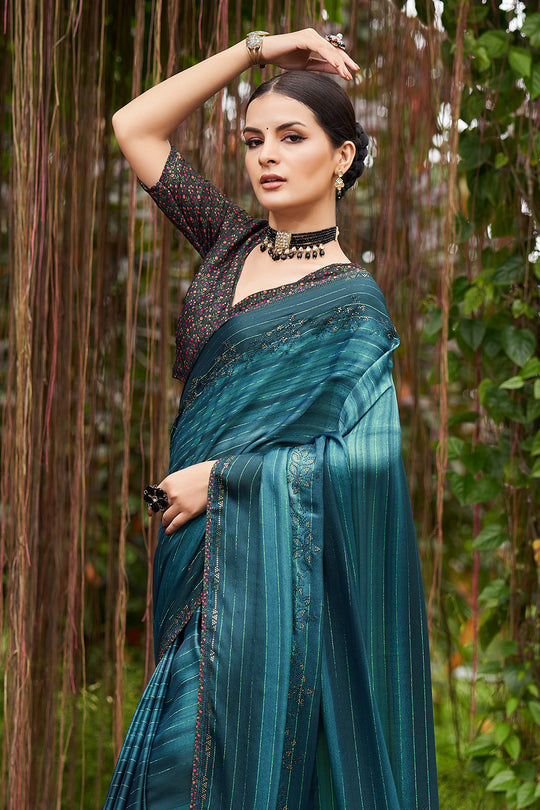 Teal Blue Chiffon Saree