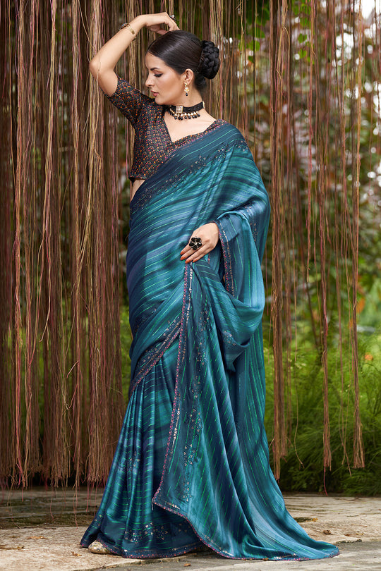 Teal Blue Chiffon Saree