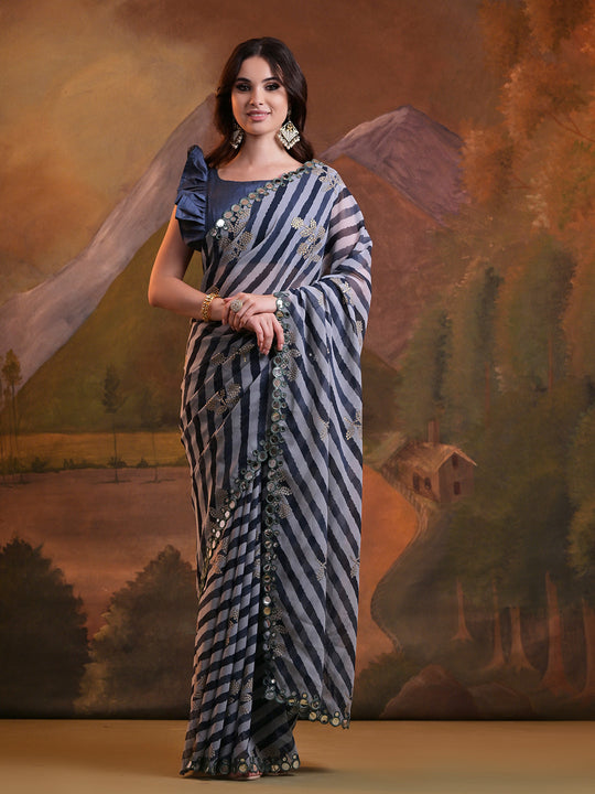 Navy Blue Pure Georgette Festive Saree With Blouse Piece