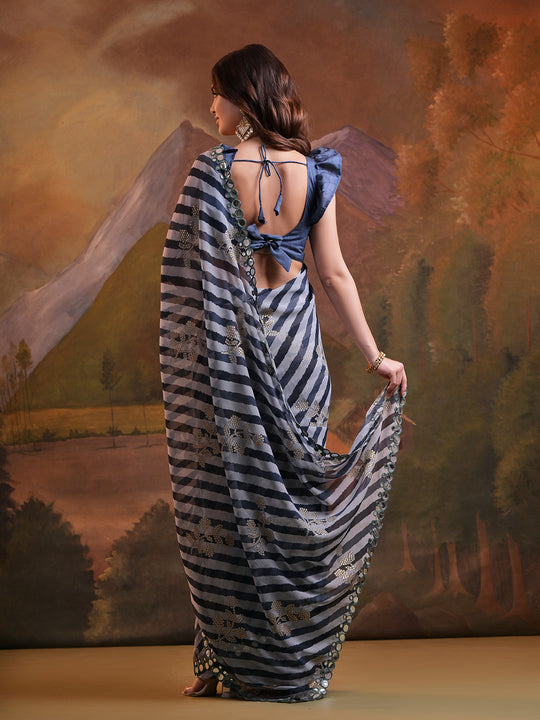 Navy Blue Pure Georgette Festive Saree With Blouse Piece