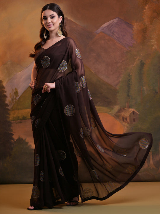 Brown Pure Georgette Festive Saree With Blouse Piece