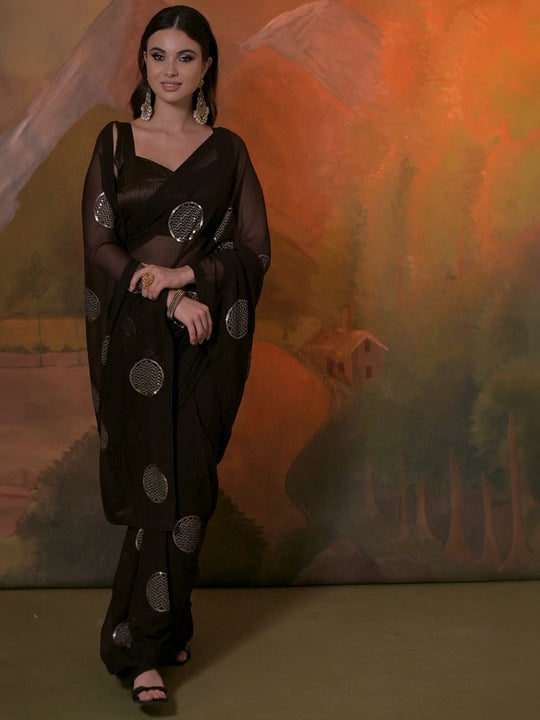 Brown Pure Georgette Festive Saree With Blouse Piece