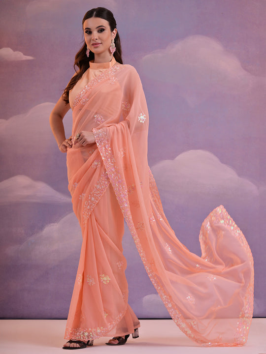 Peach Pure Georgette Party Wear Saree With Blouse Piece