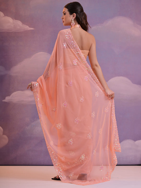 Peach Pure Georgette Party Wear Saree With Blouse Piece
