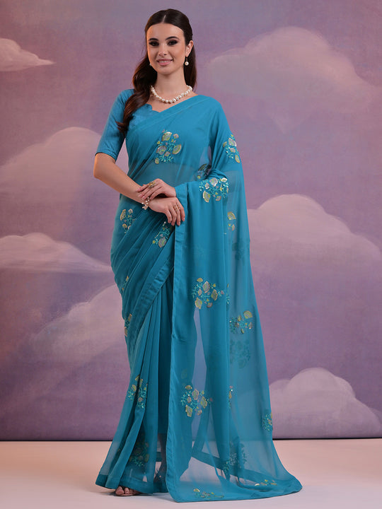 Blue Pure Georgette Festive Saree With Blouse Piece