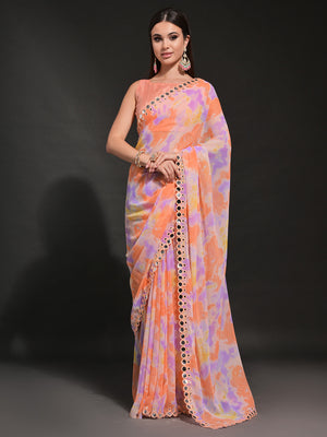 Peach Pure Georgette Party Wear Saree With Blouse Piece