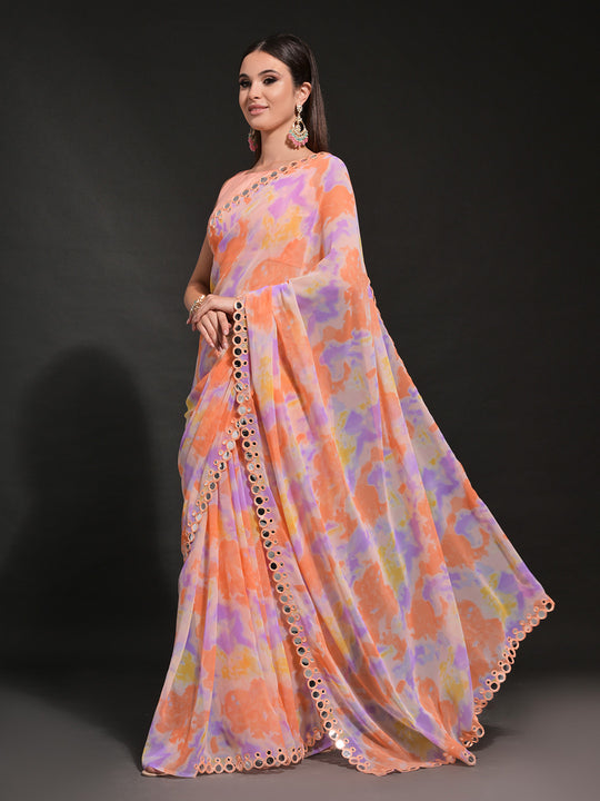 Peach Pure Georgette Party Wear Saree With Blouse Piece