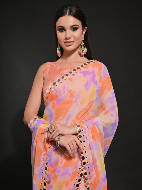 Peach Pure Georgette Party Wear Saree With Blouse Piece