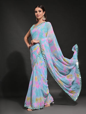 Blue Pure Georgette Party Wear Saree With Blouse Piece