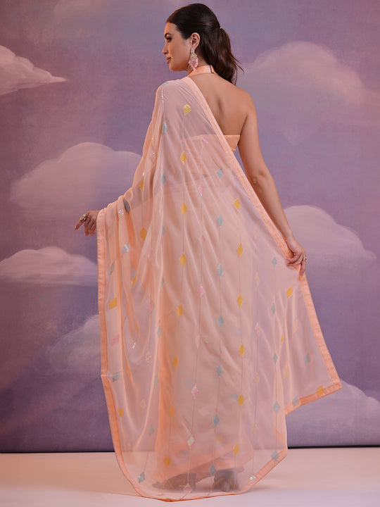 Peach Pure Georgette Party Wear Saree With Blouse Piece