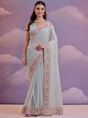 Sky Blue Pure Georgette Festive Saree With Blouse Piece