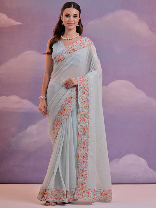 Sky Blue Pure Georgette Festive Saree With Blouse Piece