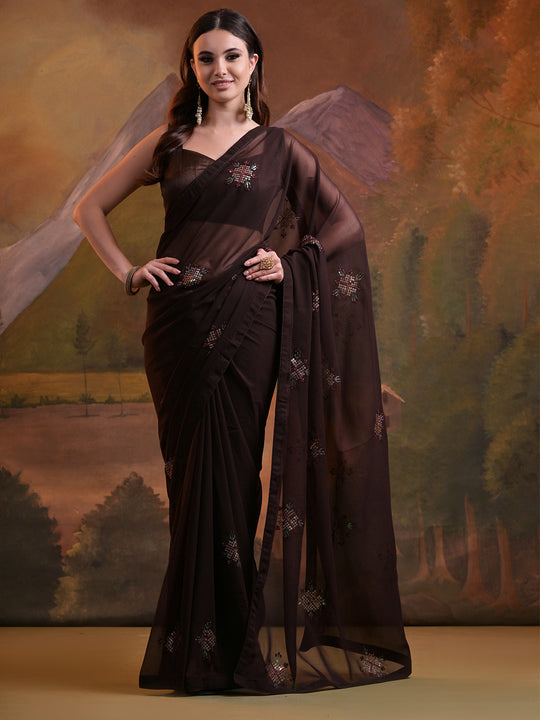 Brown Pure Georgette Party Wear Saree With Blouse Piece