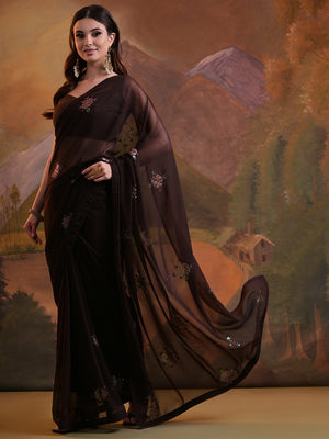 Brown Pure Georgette Party Wear Saree With Blouse Piece