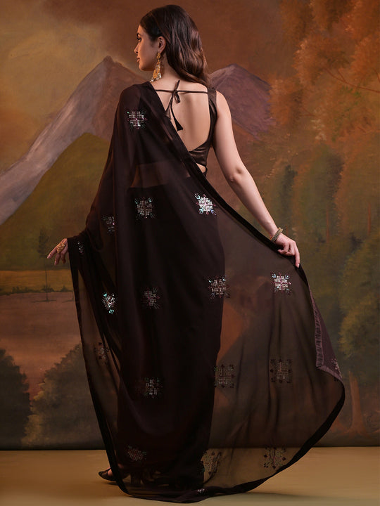 Brown Pure Georgette Party Wear Saree With Blouse Piece