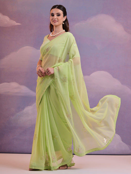 Sea Green Pure Georgette Party Wear Saree With Blouse Piece