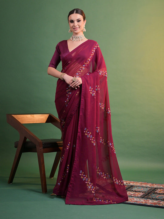 Maroon Pure Georgette Party Wear Saree With Blouse Piece