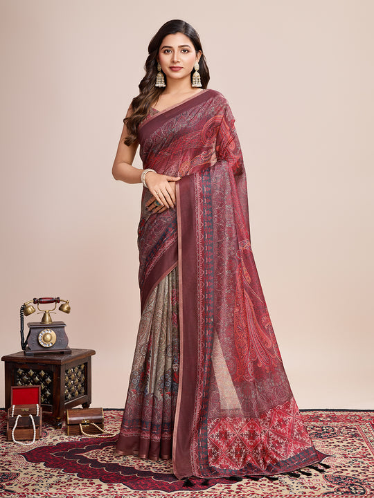 Red Linen Blend Saree With Blouse Piece