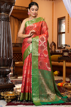 Taffy Red Organza Saree