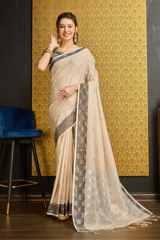 Beige Linen Blend Saree With Blouse Piece