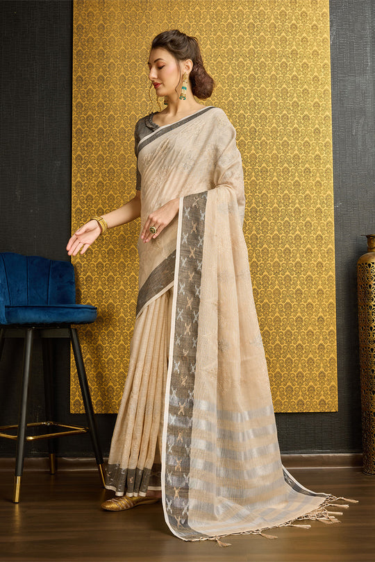 Beige Linen Blend Saree With Blouse Piece