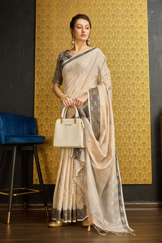 Beige Linen Blend Saree With Blouse Piece