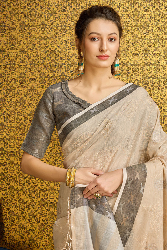 Beige Linen Blend Saree With Blouse Piece