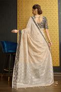 Beige Linen Blend Saree With Blouse Piece