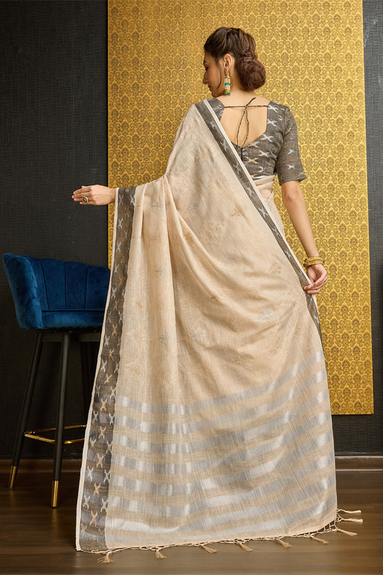 Beige Linen Blend Saree With Blouse Piece
