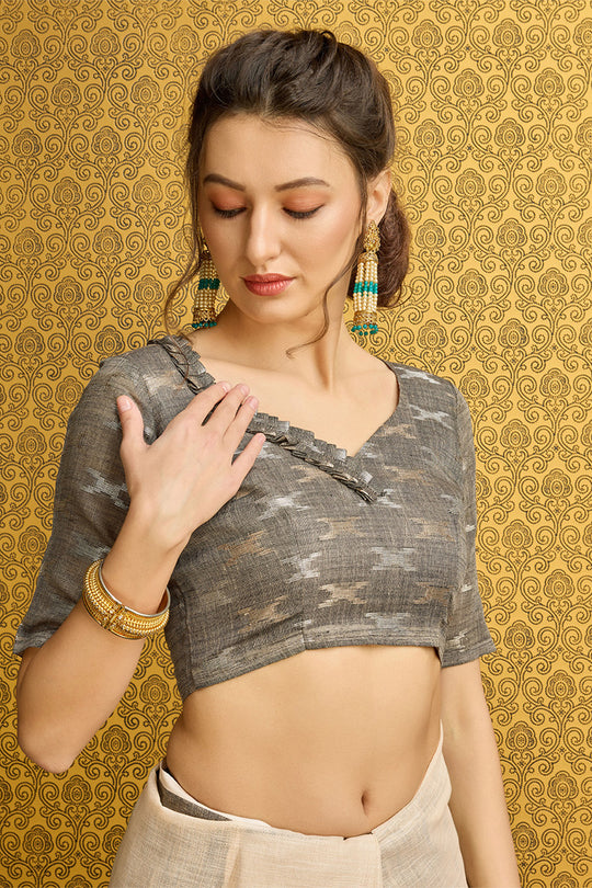 Beige Linen Blend Saree With Blouse Piece