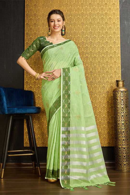 Green Linen Blend Saree With Blouse Piece