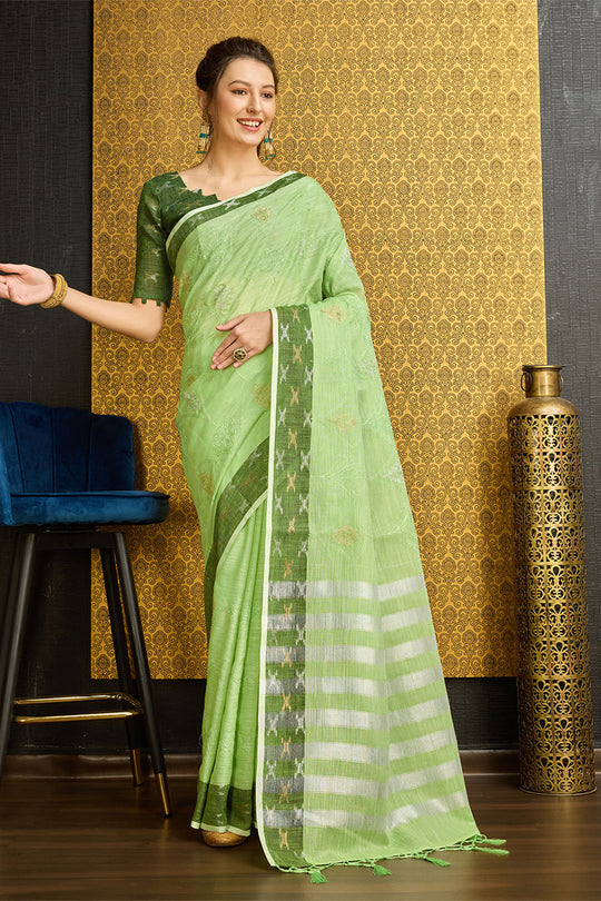 Green Linen Blend Saree With Blouse Piece