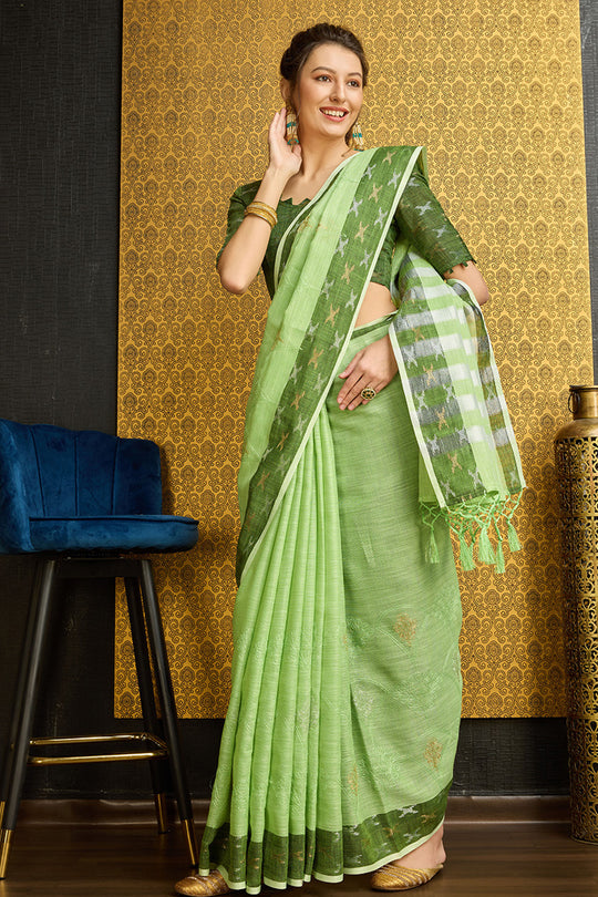 Green Linen Blend Saree With Blouse Piece