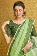 Green Linen Saree With Blouse Piece