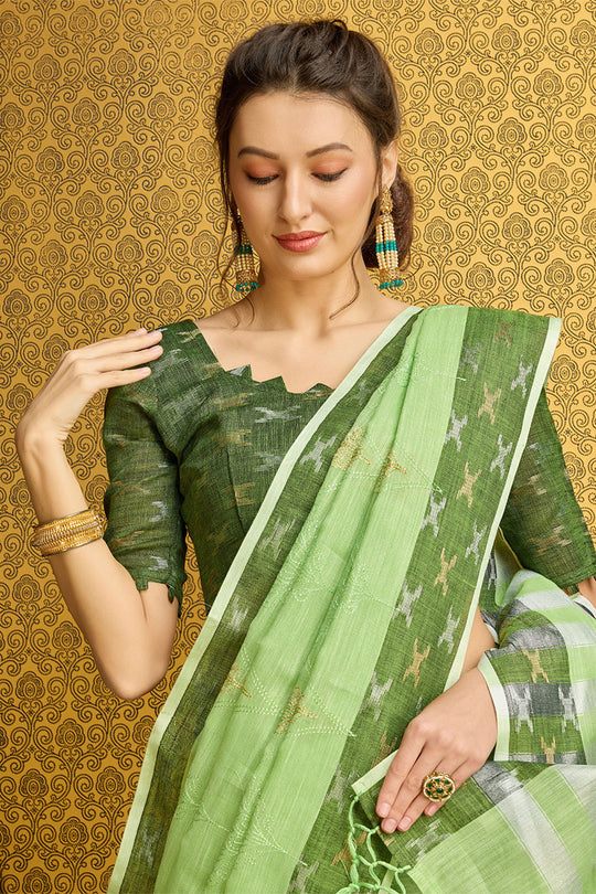 Green Linen Blend Saree With Blouse Piece