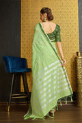Green Linen Blend Saree With Blouse Piece