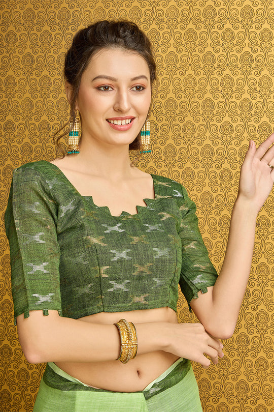 Green Linen Blend Saree With Blouse Piece