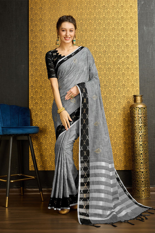 Grey Linen Blend Saree With Blouse Piece