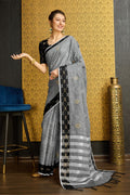 Grey Linen Blend Saree With Blouse Piece