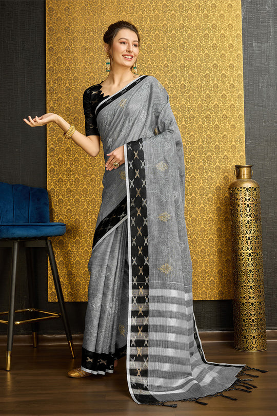 Grey Linen Blend Saree With Blouse Piece
