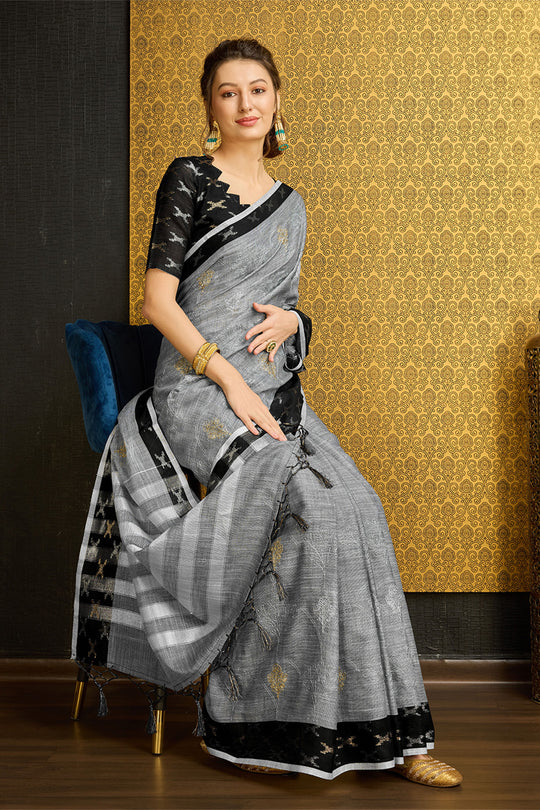 Grey Linen Blend Saree With Blouse Piece