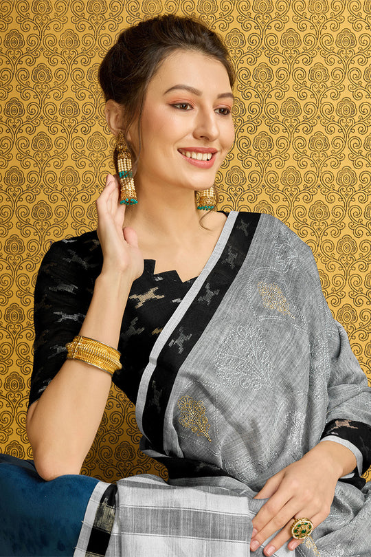 Grey Linen Blend Saree With Blouse Piece