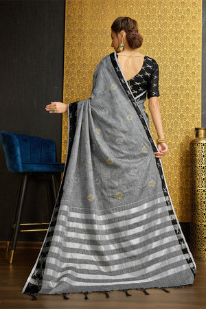 Grey Linen Blend Saree With Blouse Piece