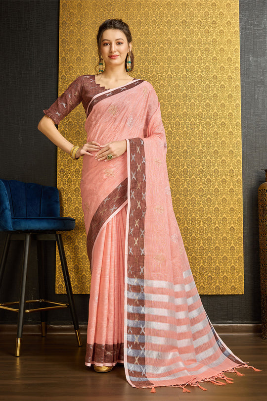 Peach Linen Blend Saree With Blouse Piece