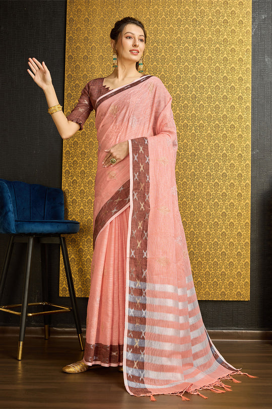 Peach Linen Blend Saree With Blouse Piece